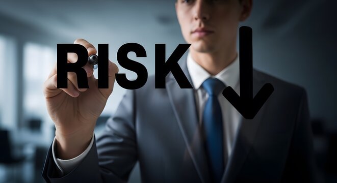 Businessman hand writing risk reduction text on glass board as PNG element
