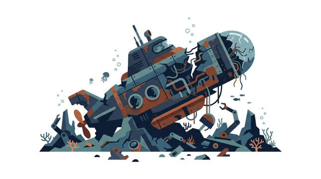 Illustration of a rusty submarine wreck on the seabed.