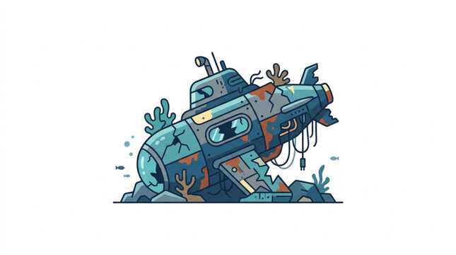 Cartoon illustration of a rusty submarine wreck on the seabed.