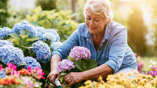 Senior woman smiling, gardening in outdoor garden, tending colorful blooming hydrangeas, enjoying nature and leisure
