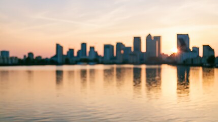 Fototapeta premium Tranquil city skyline reflecting in calm water at sunset. Soft focus creating an ethereal, dreamlike urban landscape