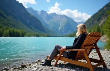 Fototapeta premium Woman sits on wooden chair by bright turquoise water. Tall mountains rise behind serene lake. Green pine forest covers slopes. Clear blue sky with clouds above.