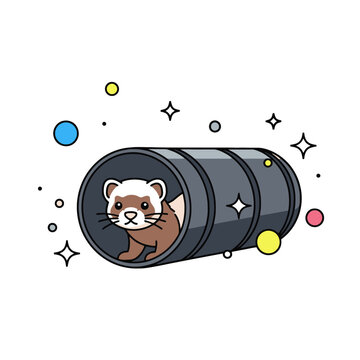 A cute ferret peeking out from inside a tubular toy tunnel surrounded by playful colorful floating shapes and sparkling stars representing fun playtime activities for small domestic animals at
