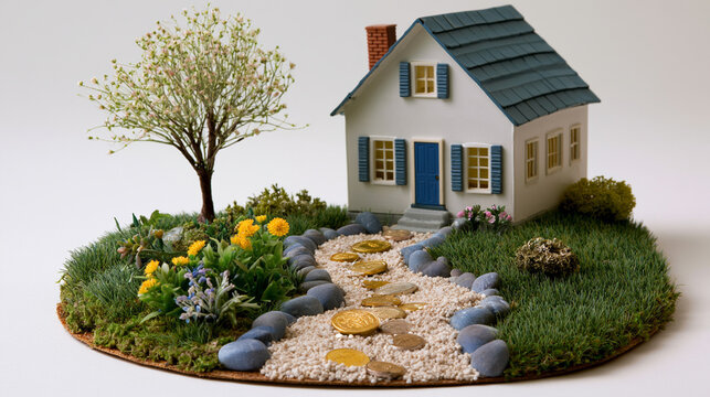 First Home Savings Represented By Miniature House And Growing Down Payment Investment Journey