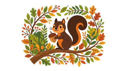 Cartoon squirrel with acorn inside autumn leaf wreath. © Dias