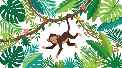 Cartoon monkey swinging through lush tropical jungle forest vines. © Dias