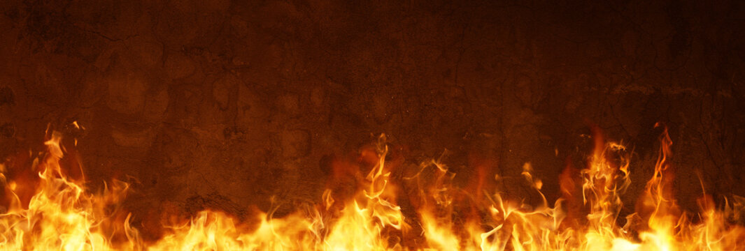 3D Rendering of blazing horizontal fire in front of concrete wall