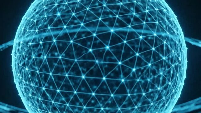Digital glowing blue wireframe globe sphere with planetary rings on dark background