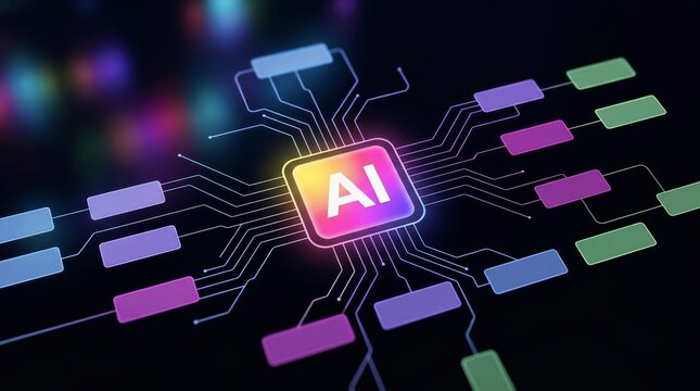 Artificial intelligence AI chip processor on circuit board with data flowchart network background