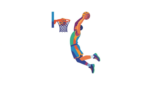 Basketball player in mid air dunking the ball into the hoop.