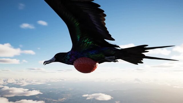 Magnificent Frigatebird with Inflated Red Gular Pouch Flying High Above The Tropical Clouds During Sunny Daytime in The Open Coastal Ocean Skies