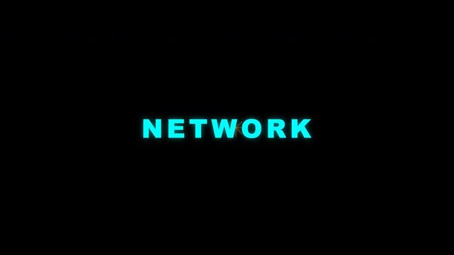 Cyan glowing network text animation for connectivity and data communication
