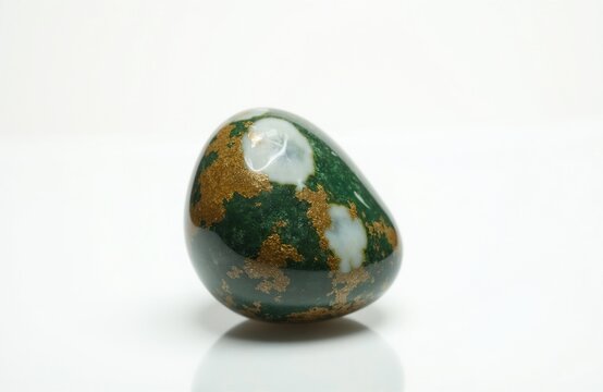 Leopard jasper egg stone smooth polished surface. Green with white and gold inclusions. Natural mineral isolated on white background. Healing stone for meditation and decor.