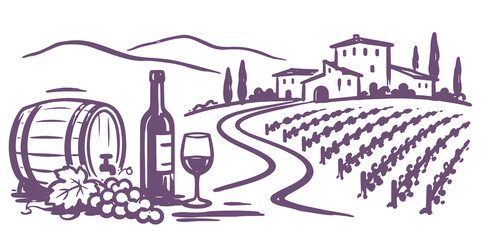 Fototapeta premium Vineyard Winery Landscape Hand Drawn Vector Illustration