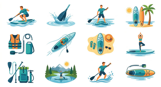 Collection of Stand Up Paddleboarding and Water Sports Illustrations.