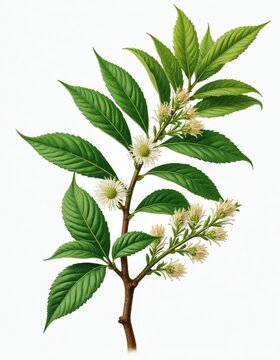 Illustration of coca plant branch with green serrated leaves and small white flowers. Erythroxylum coca branch depicted on white background, botanic style.