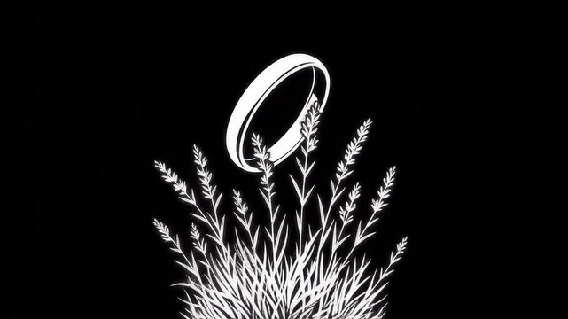 White hand-drawn wedding band floating above wild grass stalks on a black background