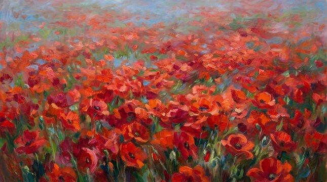 Impressionist Oil Painting of Wild Red Poppy Field with Swirling Sky
