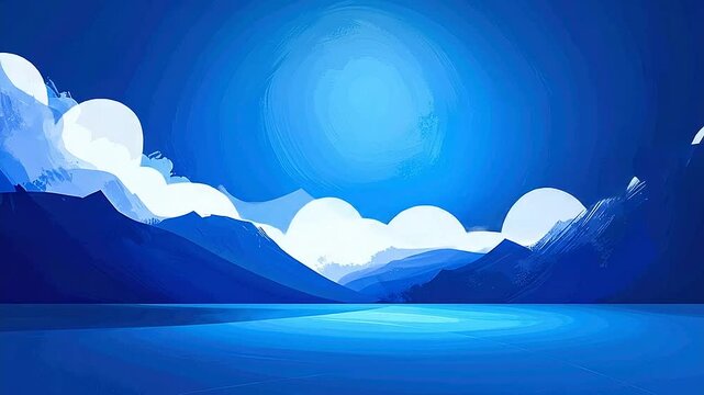A serene monochromatic blue landscape featuring a calm lake reflecting distant mountains under a bright celestial orb