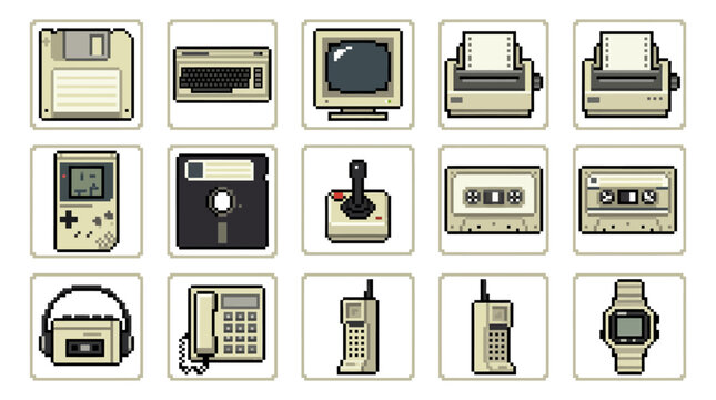 Retro pixel art technology icons: floppy disk, keyboard, monitor, printer, game console, joystick, cassette, phone, watch