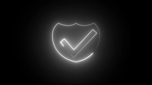 Bright neon security neon shield frame and neon check mark icon animation .white color shield and Black background .