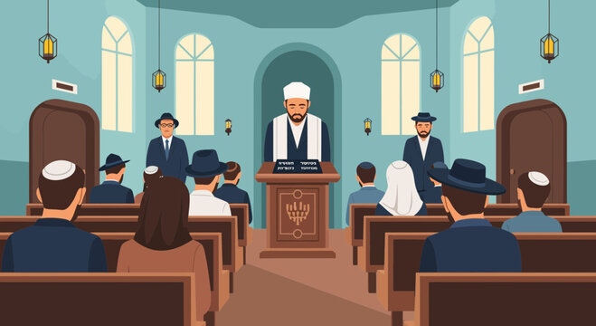 Rabbi leads Jewish congregation in prayer at synagogue during religious service
