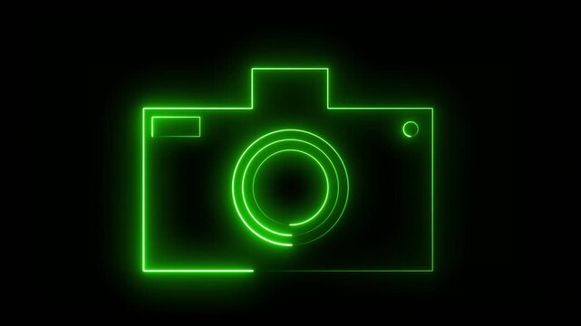 Camera icon set. Photo camera icon in different . neon green color camera icon animation on black background.