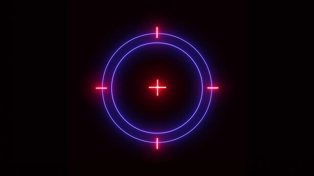 sniper gun goal target symbol icon, with digital screen effect including twitch, noise and glitch effects. Target animation,blue,red color sniper gun and black background .