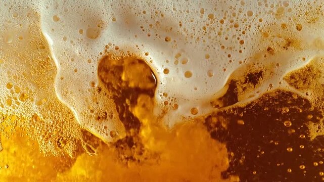 Golden amber beer with frothy white foam head and rising bubbles