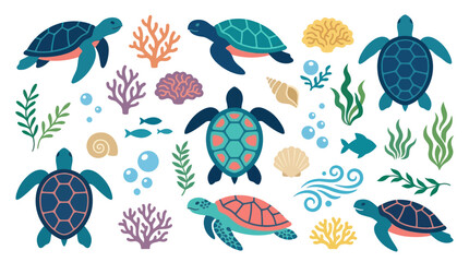 Colorful sea turtles and coral reef life icons set. © sabar