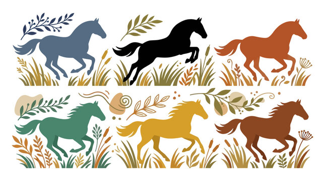 Colorful running horse silhouettes in a meadow pattern.