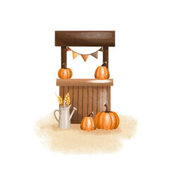 Illustration сart with pumpkins, Watering can. Autumn composition farm agricultural transport and vegetables hand drawn on isolated background for packaging design, label, postcards, holidays, clothes © Evgeniia