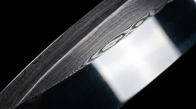 Extreme close up of damascus knife blade edge showing layered steel patterns