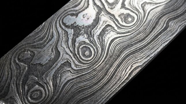 Intricate wavy damascus steel knife blade texture macro on dark velvet background