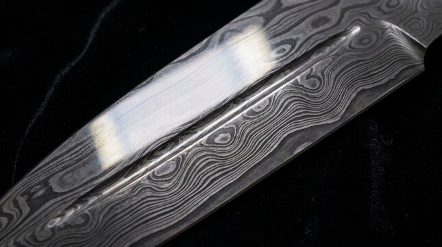 Handcrafted damascus knife blade with bright light reflection highlighting pattern