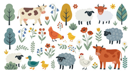 Countryside farm animals and spring plants folk illustration. © sabar