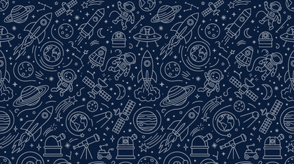 Cosmic space pattern with rockets and stars on blue background. © sabar