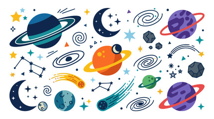 Colorful hand drawn planets and celestial bodies collection. © sabar