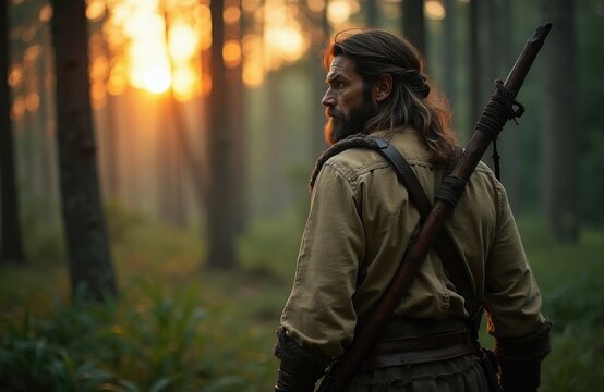 Man with long hair and beard stands in forest at dusk holding spear. He wears rough clothes and looks back into the trees. He is a wilderness traveler.