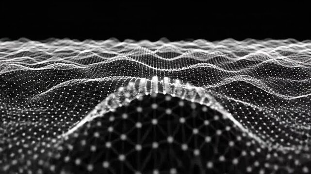 Abstract digital wireframe mesh with flowing wave patterns and glowing data points on a dark background