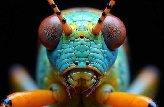 Extreme closeup macro shot of grasshopper face with big eyes and antennae. Green blue insect with orange legs has detailed texture and small mouth parts. Incredible wild nature creature.