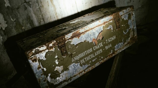 Old green and silver ammunition crate marked Netherlands 1944 in dim bunker light