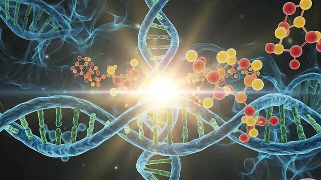 A 3D digital illustration of a blue DNA double helix structure intertwined with glowing molecular models