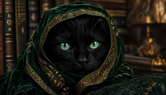 Hyper-realistic portrait of a black cat with emerald eyes wearing a luxurious forest-green velvet headscarf in a cozy library setting.