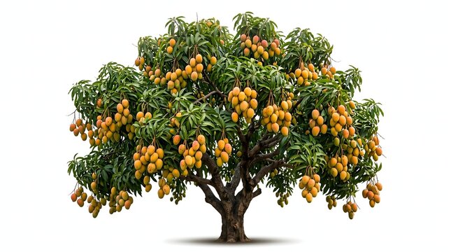 Full-grown mango tree loaded with abundant ripe yellow fruit isolated background abundance