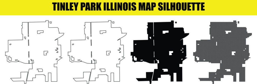 Tinley park illinois map silhouette collection including border outline solid fill and dot grid variations for design.