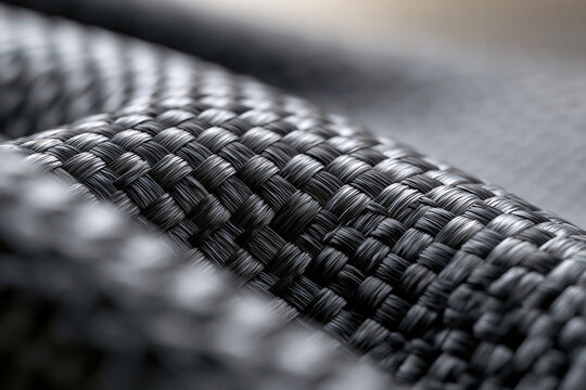 Black carbon fiber weave gleams under soft light. Texture details reveal precision engineering and strength. Close-up captures sleek, modern design with depth and contrast. Ideal for tech, automotive
