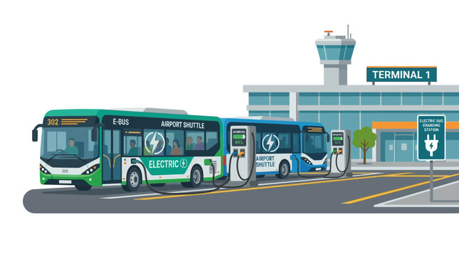 Electric Buses Charging at Airport Terminal 1, Sustainable Transport Concept