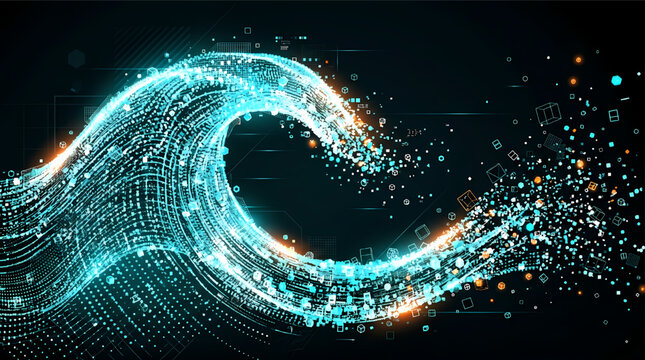 A vibrant digital wave of data and information technology elements on a dark background with glowing blue and orange particles its illustration only