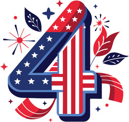 Obraz premium Fourth of july large number four with us flag colors and leaves, independence